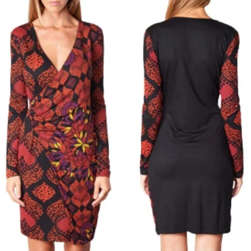 Desigual Faux Wrap Knit Dress Women's Large Red Black Purple V-Neck Long Sleeve